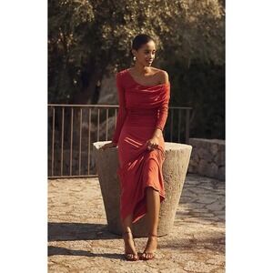 SOVERE Venus Ruched Maxi Gown Dress Red Mesh Long Sleeve One Shoulder Size XS